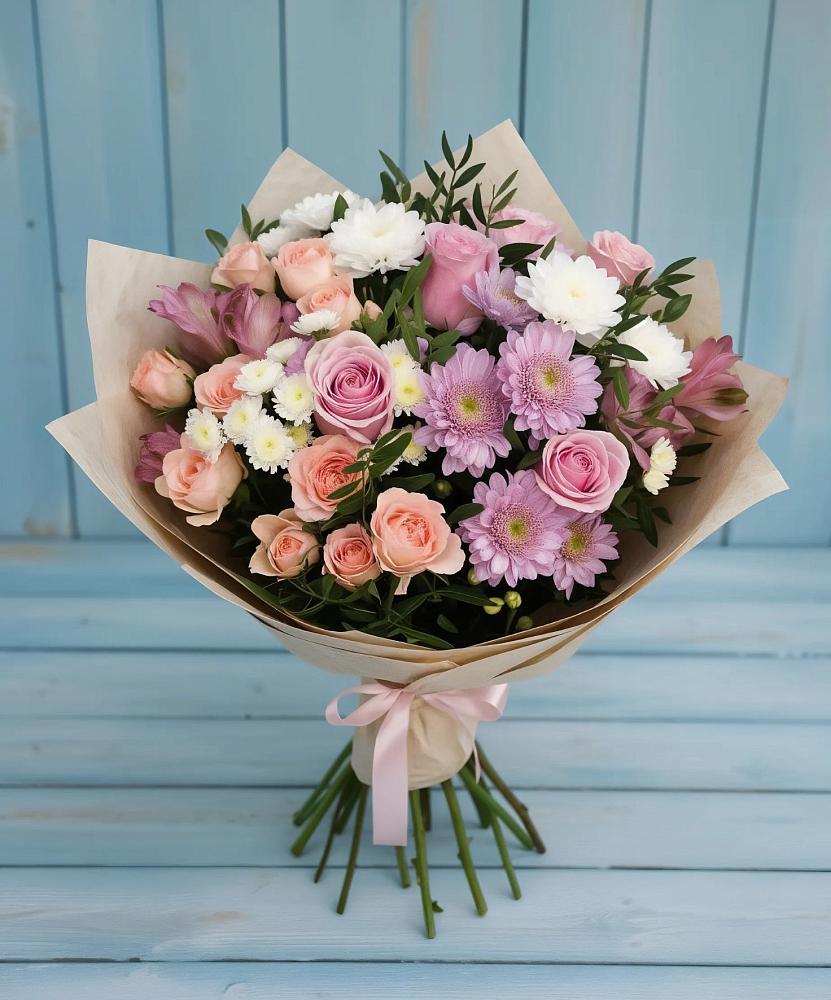 Букет цветов из: Хризантемы, Розы и Альстромерии в Дорогино