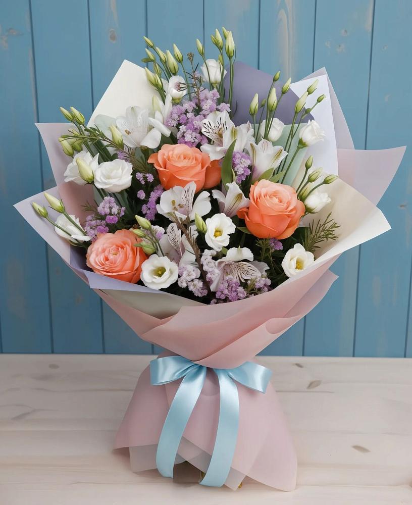 Букет цветов из: Лизиантусы, Розы, Альстромерии и Гипсофила в Дорогино
