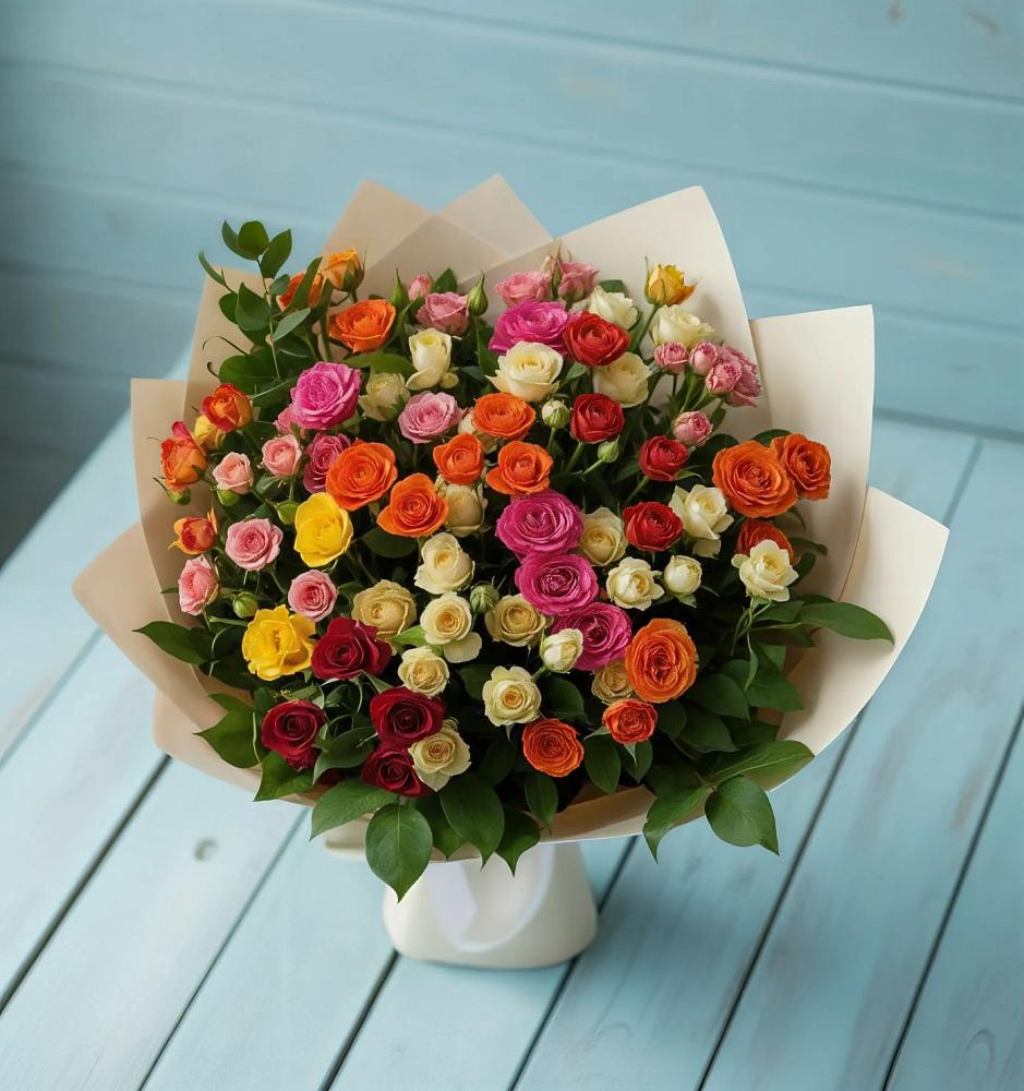 Букет Микс из разноцветных кустовых роз в Дорогино