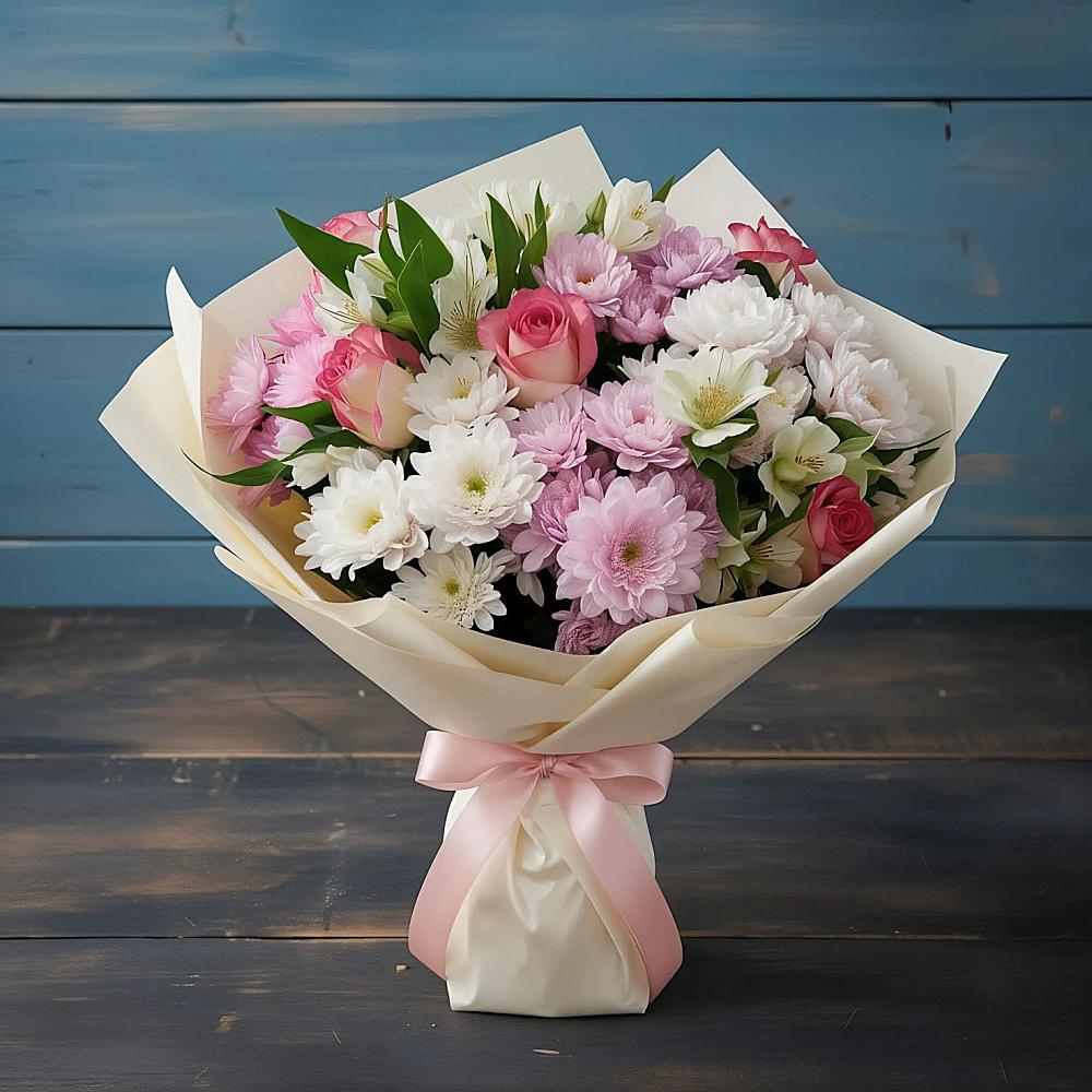 Букет цветов из: Хризантемы, Альстромерии и Розы в Дорогино